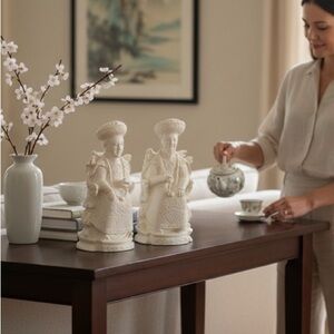 Vintage 1940s / 50s  Chinese Emperor Empress 9.5" Carved Resin Figures Statues